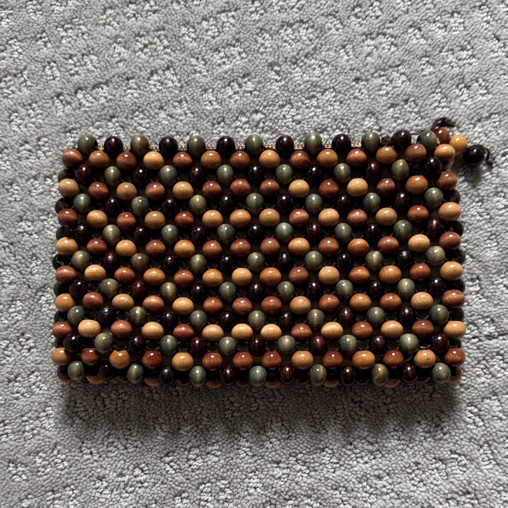 Antique Beaded Wood Clutch in Brown & Olive